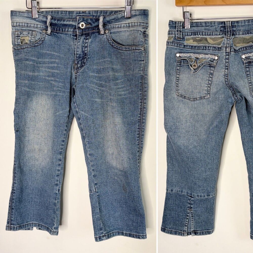 Vintage Y2K 90's Denim Jean Capri Cropped Stone Wash Camouflage Camo Women 7/8